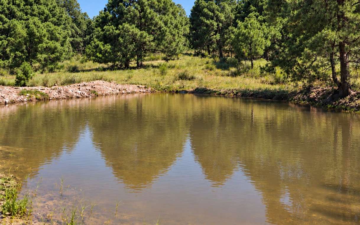 Laguito con reflejos de pinos y orilla de tierra.